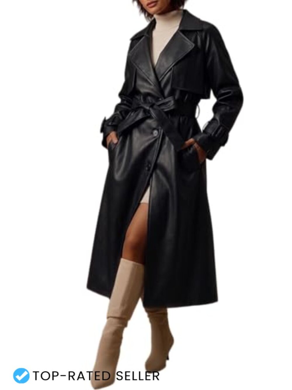 Faux Leather Classic Trench Coat Loose Fit Lapel Belted Long Length